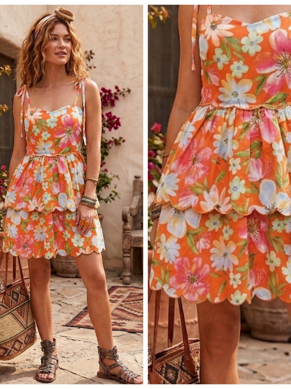Floral Tie-Shoulder Scalloped Tiered Sundress - Orange